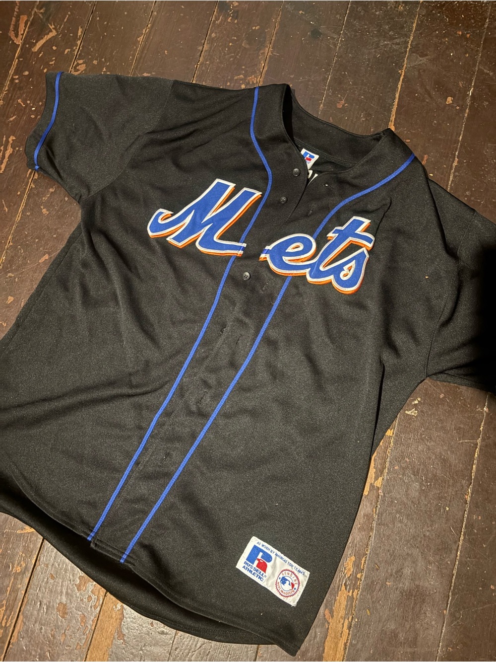 Russell Athletic Black Mets Button-Front Jersey with Blue & Orange Trim